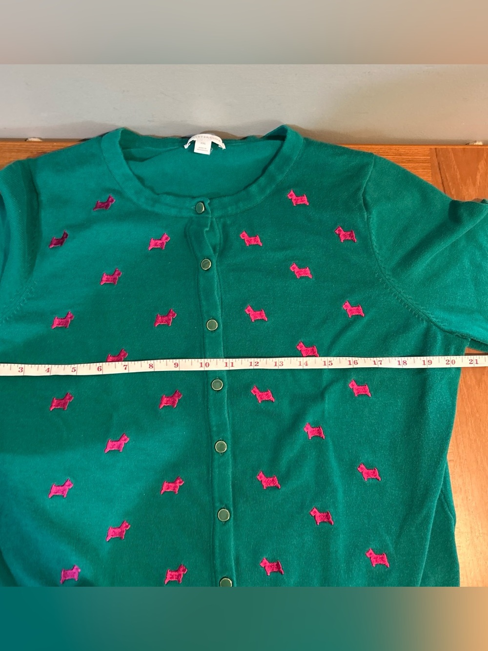 Charter Club Teal Green Button-Front Cardigan with Pink Dog Embroidery - Picture 4 of 7